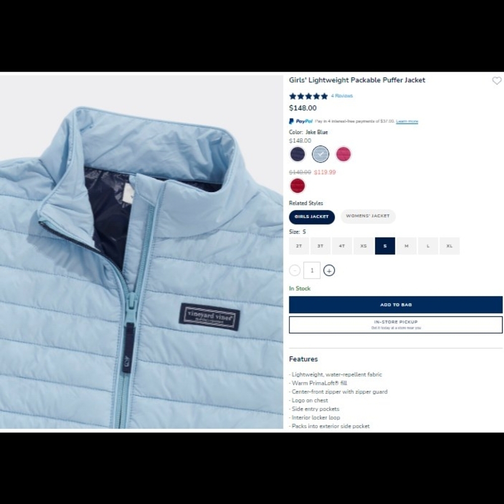 Vineyard Vines Kids' Sky Blue Puffer Coat